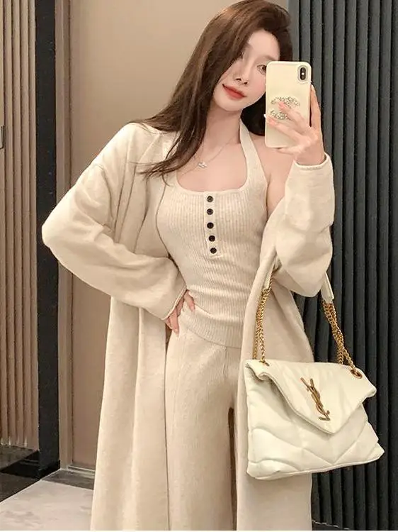 

Women's Knitted Open Cardigan Sweater Vest And Straight Leg Wide Pants Fashion Three-Piece Set for Autumn Winter Season