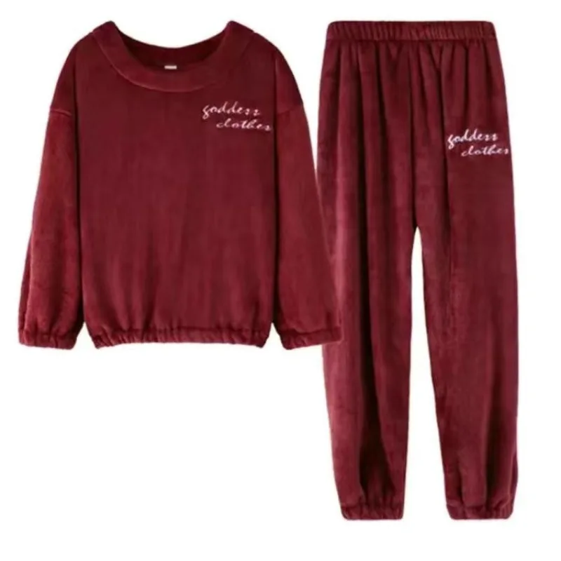 2024 New Coral Velvet Pajama Women Autumn Winter Sleepwear Plush Thick Flannel Homewear Round Collar Sweet Simple Loungewear Set
