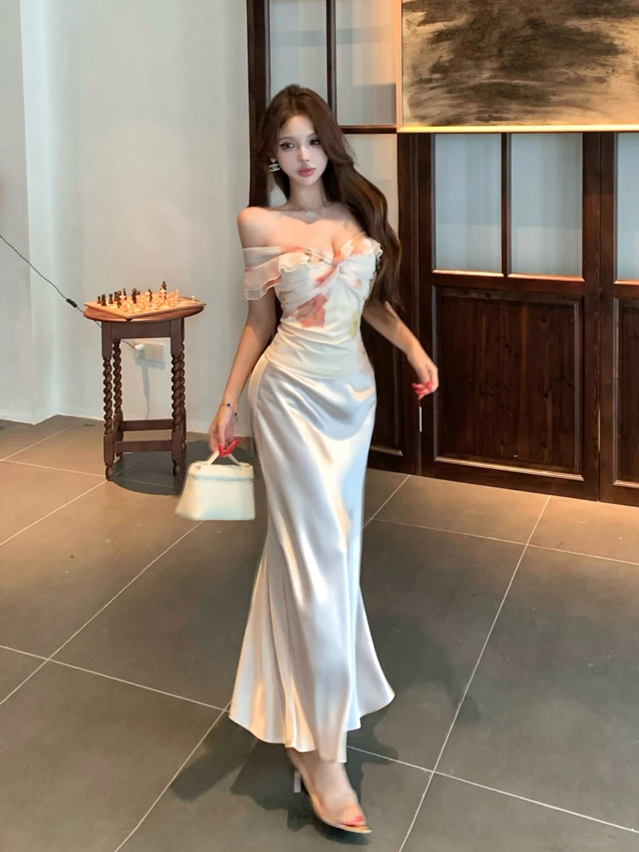 REDDACHiC Vrouwen Bloemen Top Satijnen Rok Set Off Schouder V-hals Top Fishtail Gedrapeerde Glanzende Maxi Lange Rok Elegante Formele Kleding