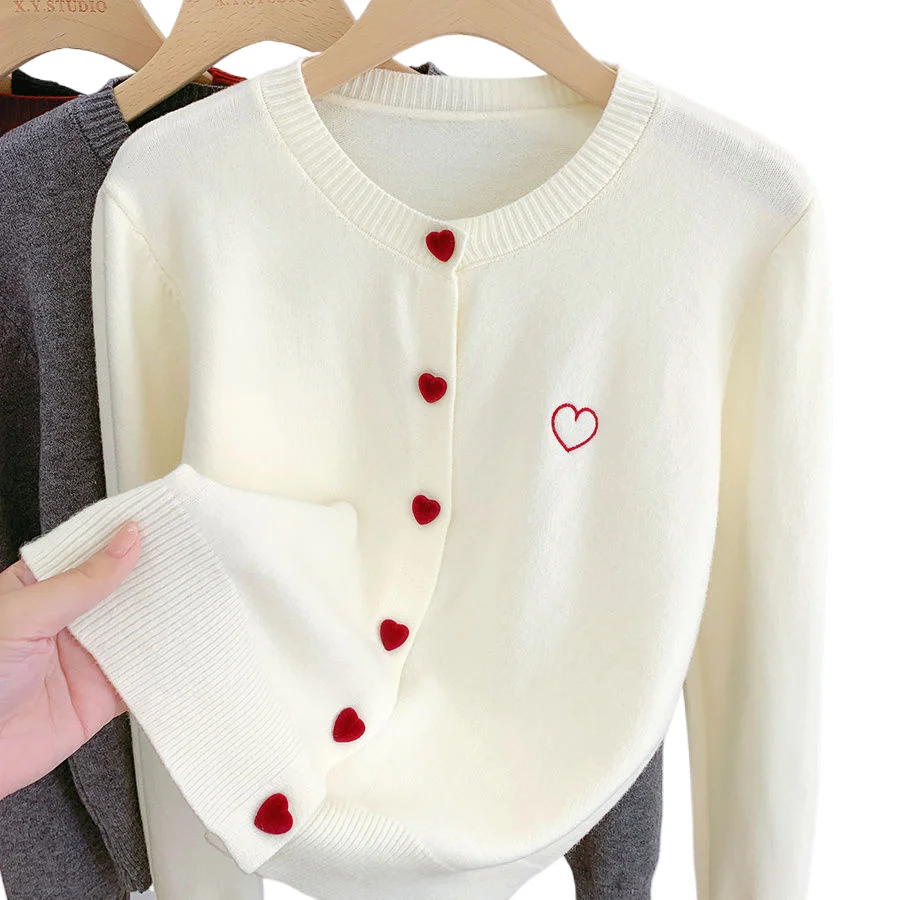 

Уникальный женский свитер с длинными рукавами и вышивкой в виде сердца, весна-осень 202, вязаный топ с круглым вырезом, короткий кардиган на пуговицах, пальто