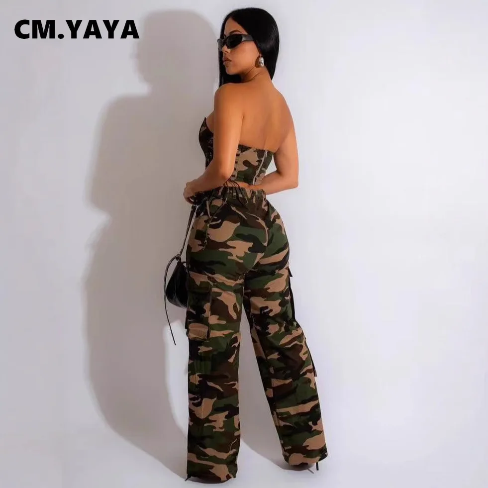 CM.YAYA Fashion Camouflage Print Women's Set Strapless Top +Wide Leg Pants Summer Cargo Street Two 2 Piece Set Outfit Tracksuit