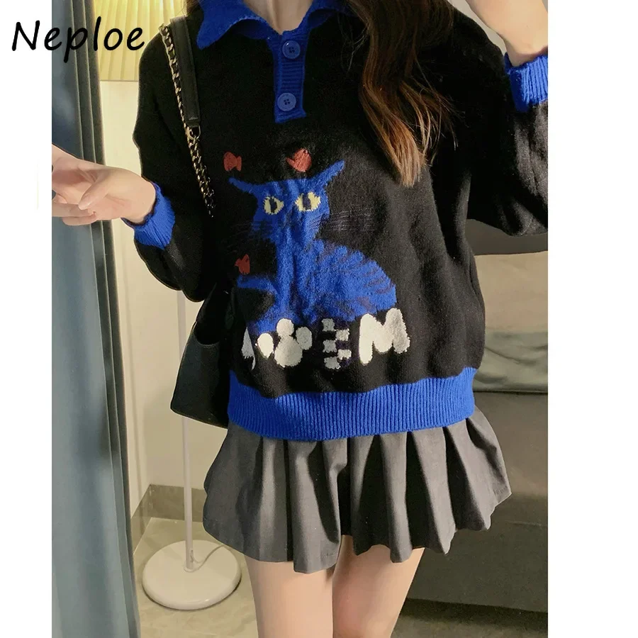 

Neploe Autumn New Turn-down Collar Cartoon Pull Femme Cat Print Lazy Heavy Embroidery Jumper Knit Loose Panelled Casual Sweaters