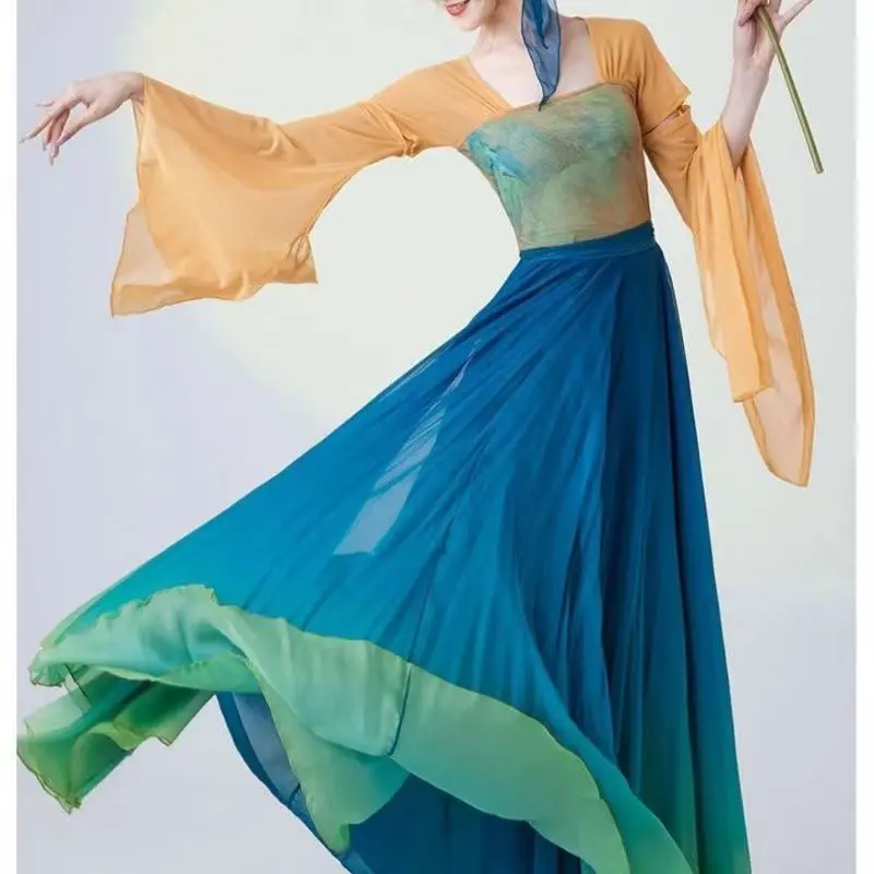 Women Hanfu Flowy 720 Degree Maxi Skirt Training Suit For Dancing Wide Leg Chiffon Pants Gradient Green Yellow Costume Classical