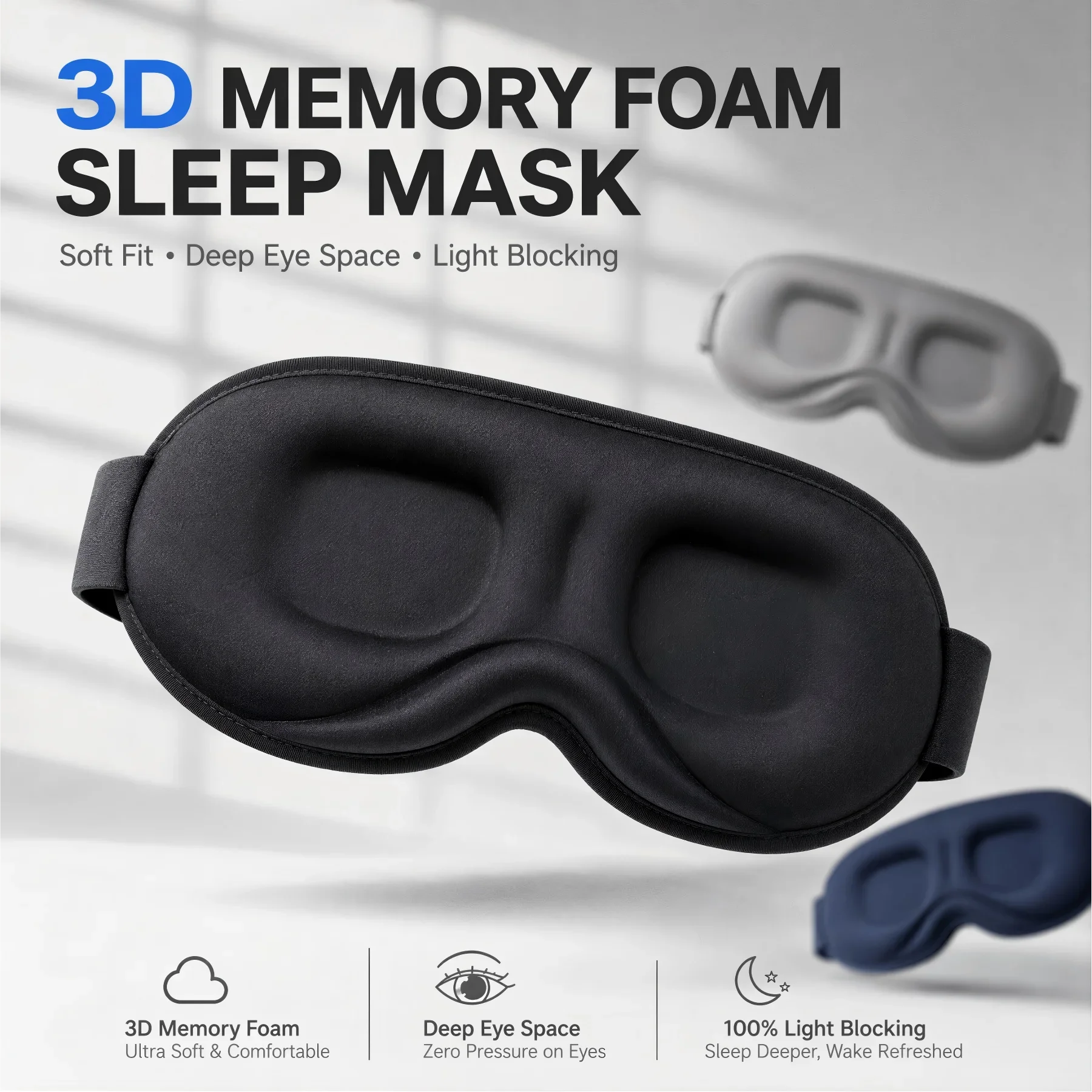 3D Memory Foam Sleep Mask for Side Sleepers Deep Eye Cups Adjustable Strap Light Blocking Eye Mask for Men Women Home Travel Nap