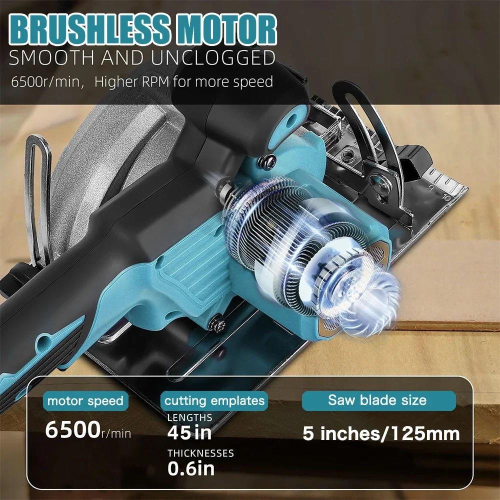 Brushless 5In 125mm Electric Circular Saw 45° Adjustable Wood Cuttiing Machine Handheld Woodworking Saw for Makita Battery