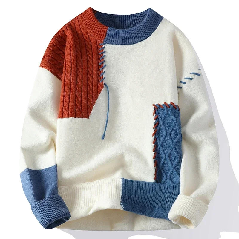 2024 New Male Patchwork Sweater Trend High Street Fashion Autumn and Winter Warm Mens Hip-hop Street Clothing Men pullover shirt