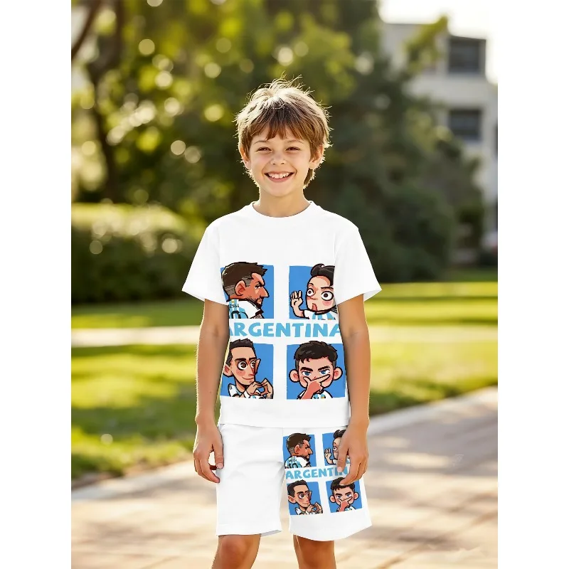 

Boys Argentina Football Star Printed T-shirt and Shorts Set, White Two-piece Set for Children's Comfortable Casual Sportswear