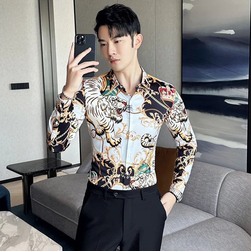 

Luxury Retro Palace Printed Shirt for Men Long Sleeve Casual Business Formal Dress Shirts Streetwear Social Party Tuxedo Blouse