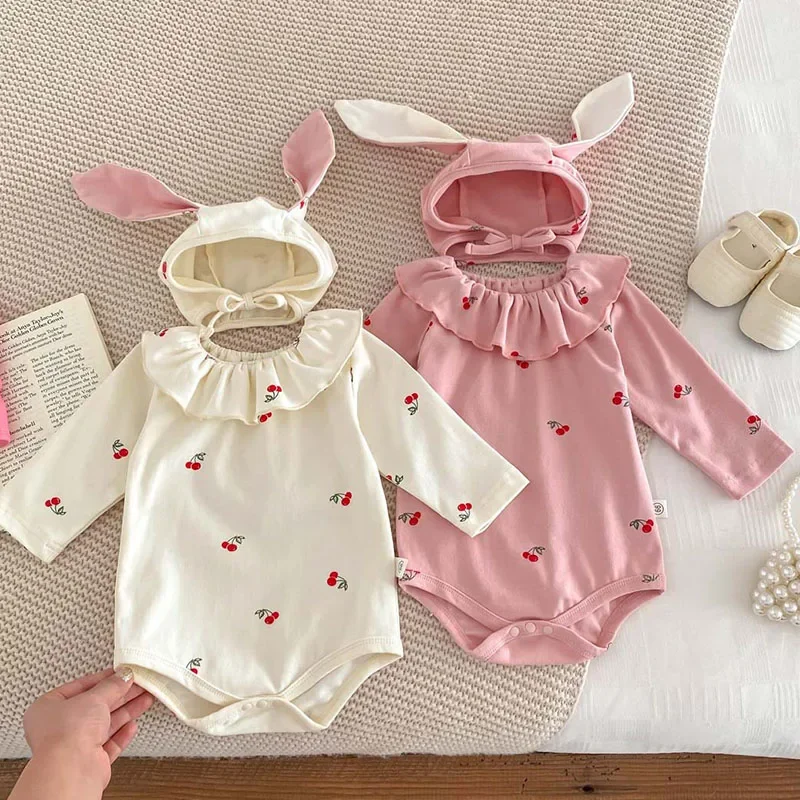 2025 New Spring Infant Baby Girl Bodysuits+Hat Long Sleeved Cotton Print Newborn Baby Girl Jumpsuit 0-24M Baby Girl Clothing