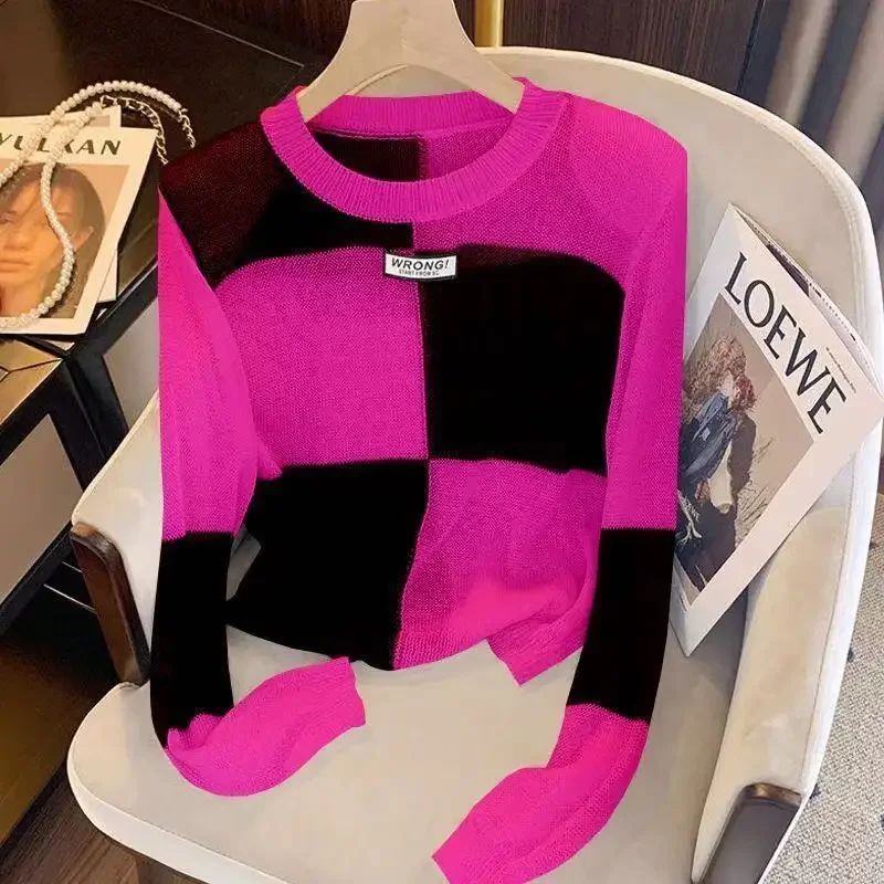 Color Blocking Knitted Top Women's Spring Autumn New Style Hollow Out Niche Long Sleeve Base Layer Top Unique Winter