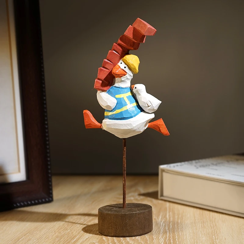 Today, We Also Need to Refuel Brick Duck Handmade Wood Carving Ornaments Creative Office Desk Surface Panel Decorations