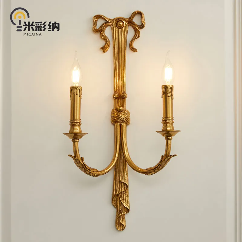 

French style copper wall lamp European style luxury retro villa living room study bedroom bedside lamp dewaxed copper lighting