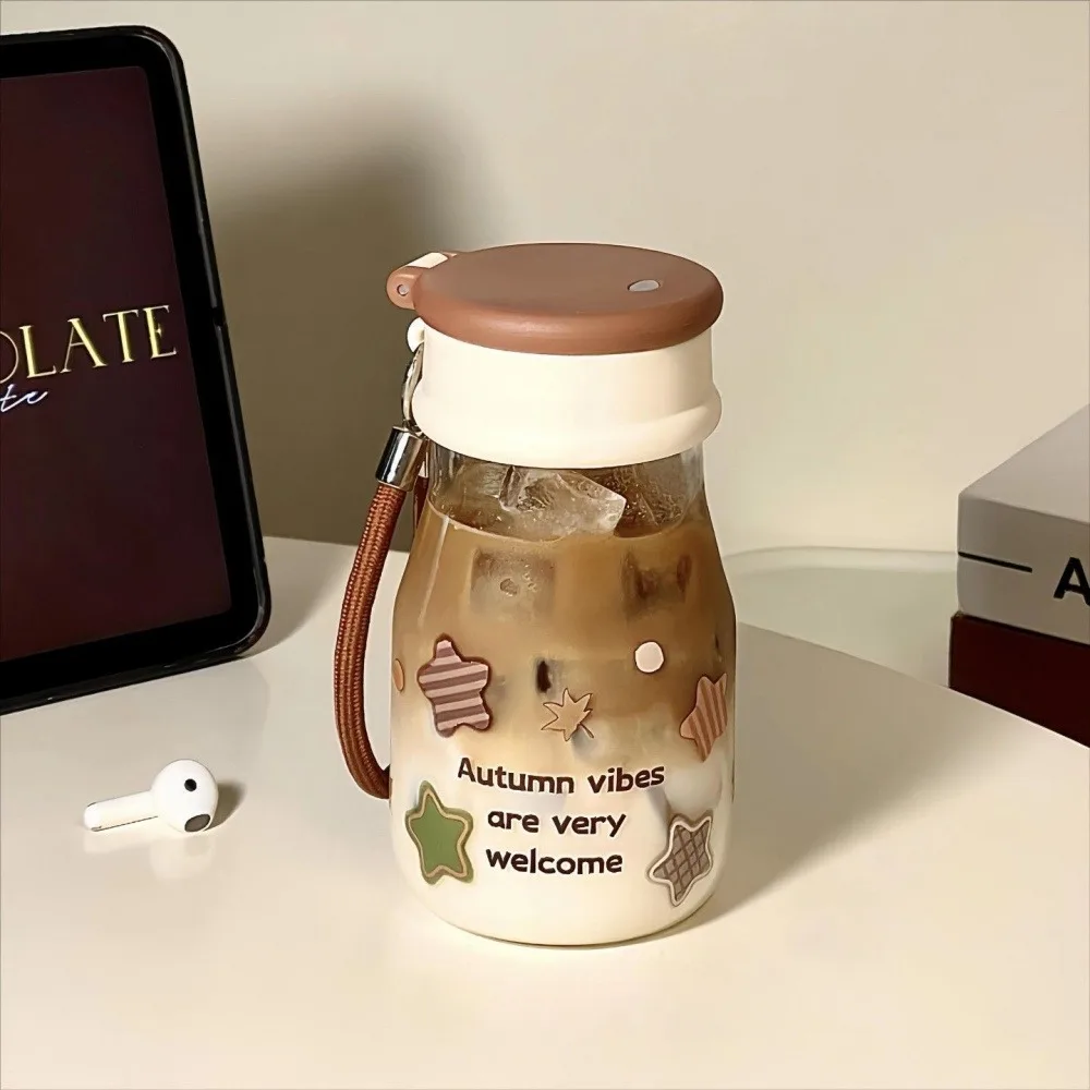 

Cute Star Glass Water Bottle Iced Coffee Juice Matcha Tea Tumbler With Straw Portable Glass Cup Woman Drinking Bottle 450ml Gift
