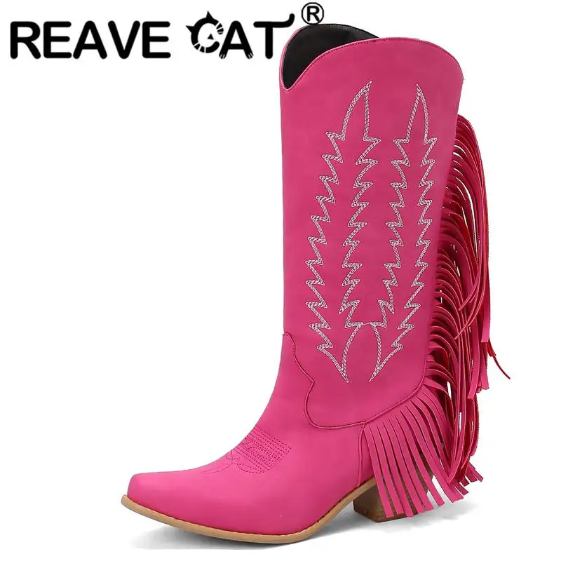 REAVE CAT Cowboy Boots 32cm Women Toe Block Heel 6cm Tassels Print 35-48 Pink Red Mid Calf S4202