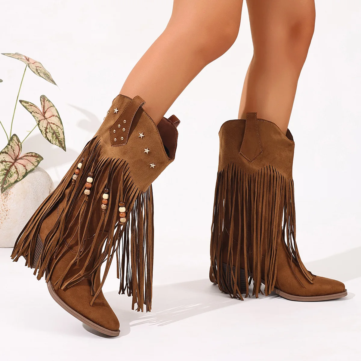 

New Women's Vintage Fringe Boots Knee-High Low Chunky Heel Pointed Toe Winter Boots Female Western Cowboy Booties