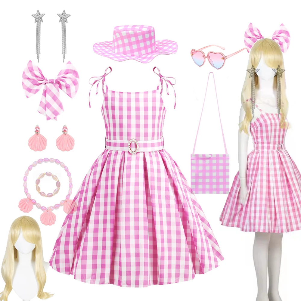 

Girl Casual Costume Dress for Girl Cosplay Summer Beach Suspender Plaid Dress Movie Classic Dress With Belt