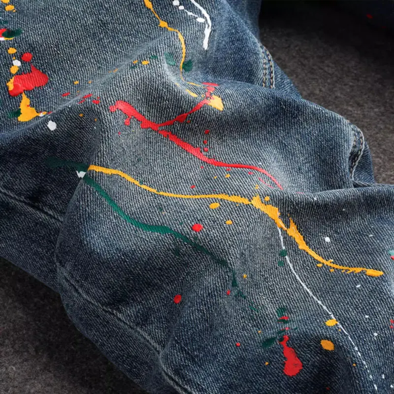 High Street Fashion Men Jeans Retro Washed Blue Stretch Slim Fit Ripped Jeans Men Painted Designer Hip Hop Denim Pencil Pants