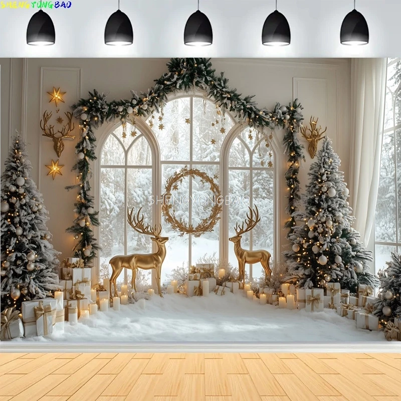 

Christmas Day Pine Tree Bell Wreath Photography Backdrops Indoor Fireplace Winter Elk New Year Family Portrait Background CT-08