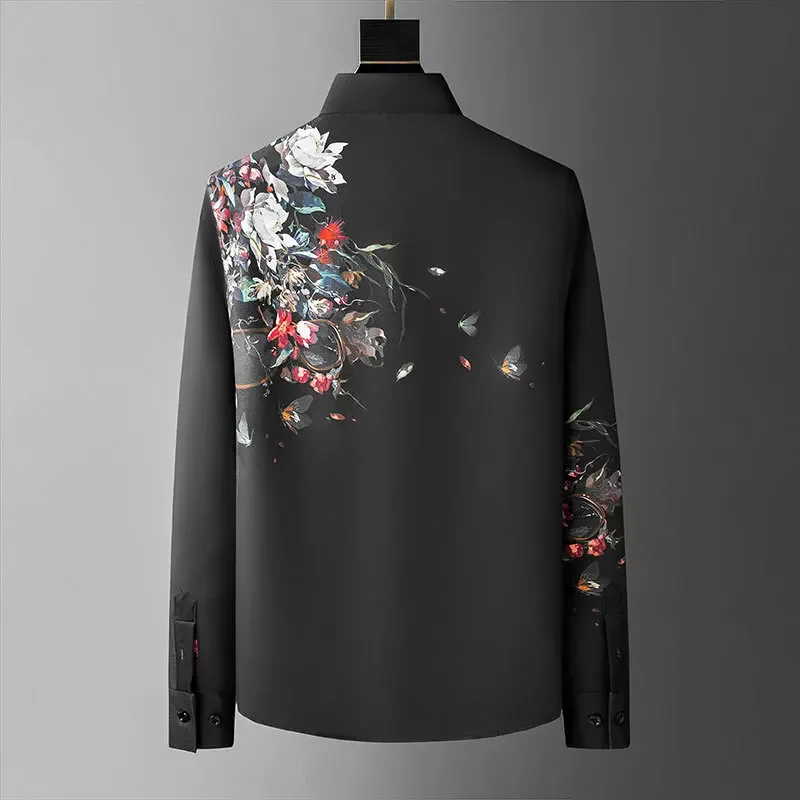 Colored Floral Rhinestones Shirt Camiseta Masculina Spring Shirts For Men Social Club Outfits Brand Hot Diamond Print Shirt Men