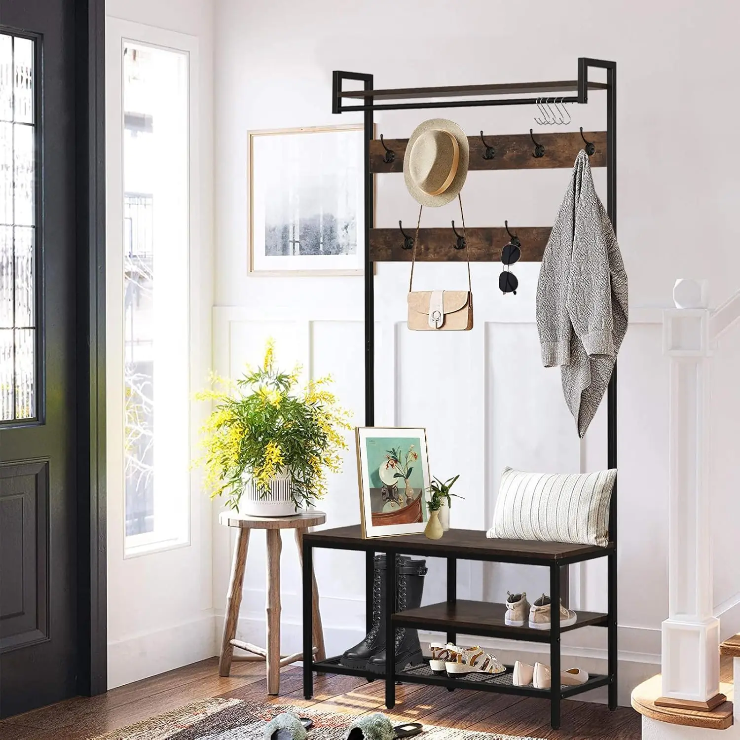 Entryway Hall Tree with Bench, 4-in-1 Freestanding Wooden Coat Rack with Shoe Bench, 3-Tier Storage Shelf and 14 Hooks