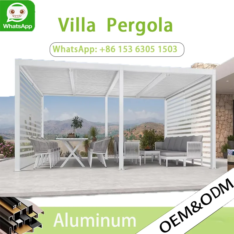 OneAlu Motorized Retractable Pergola, Waterproof Aluminum Sunshade with Remote Control for Outdoor Patio Garden Cover