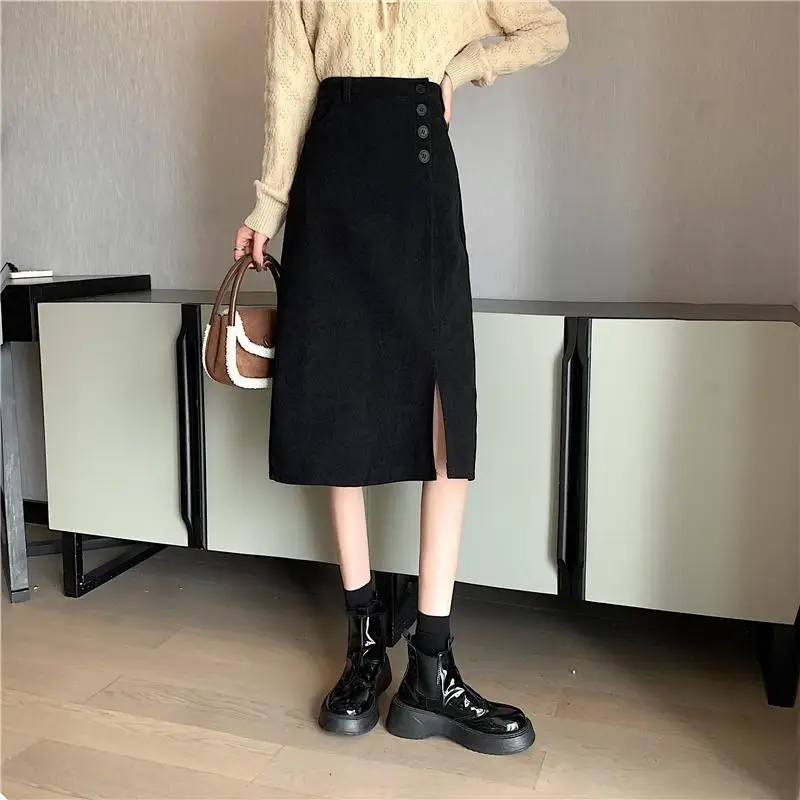 Corduroy Split Half Skirt for Women High Waist Slimming Mid Length Short Stature A-line Skirt Trendy