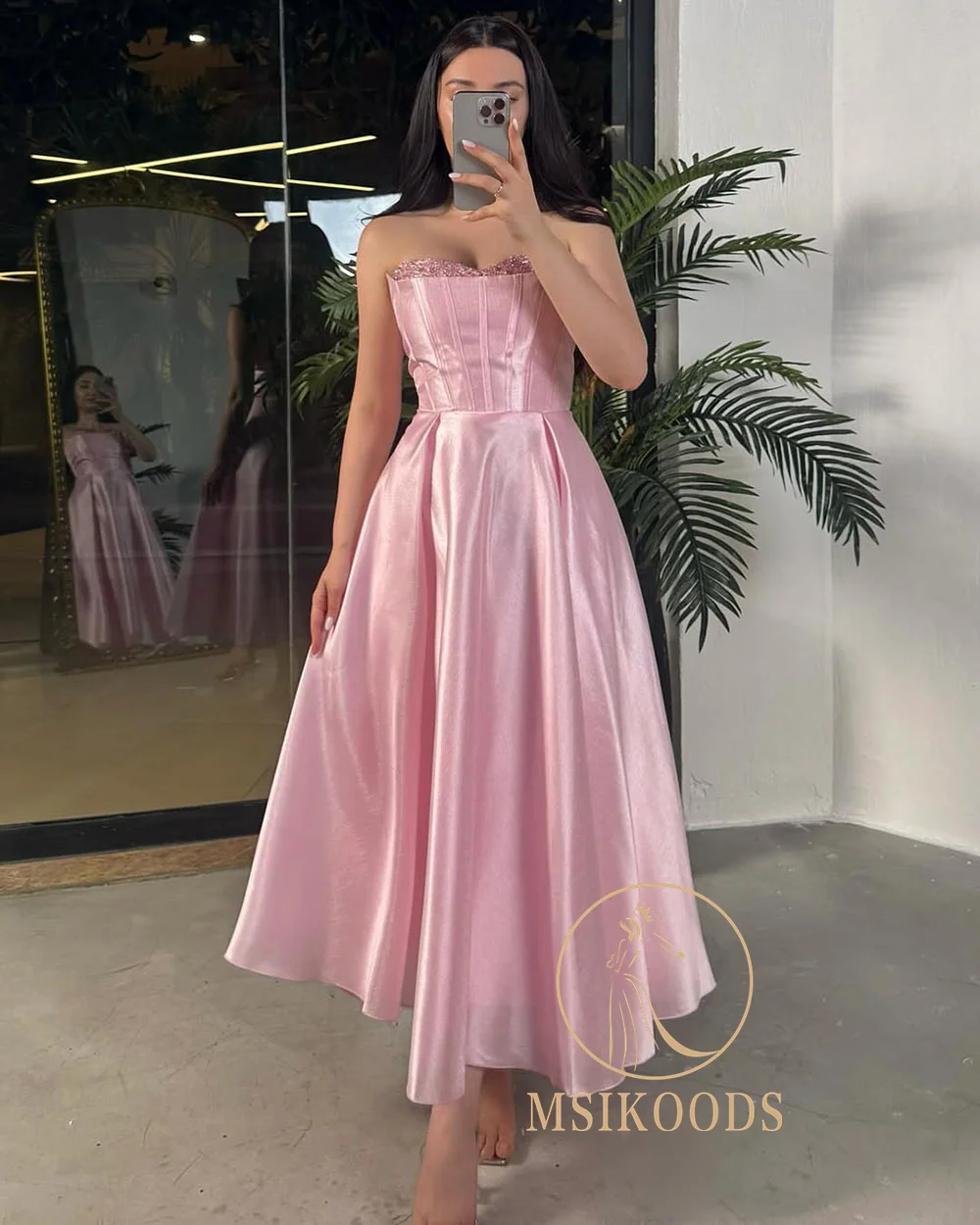 Msikoods 핑크 생일 드레스 Strapless 스팽글 새틴 댄스 파티 드레스 라인 미디 우아한 파티 드레스 공식 게스트 가운 Customizd