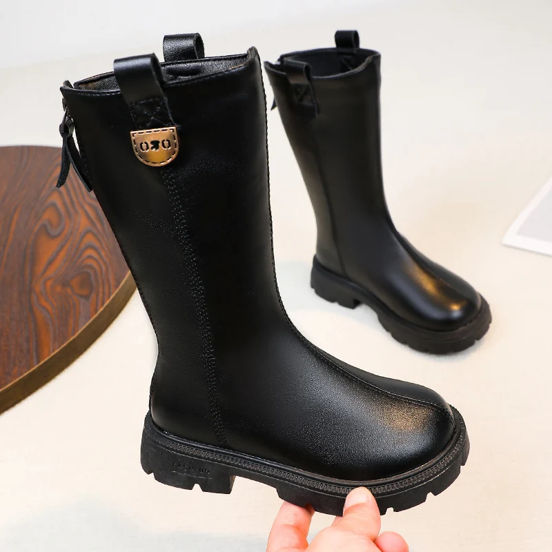 

Fashion Girls Ankle Boots Autumn Winter Black PU Children High Top Rubber Shoes Solid Mid-Calf Outdoor Footwear Girl Shoes Boots