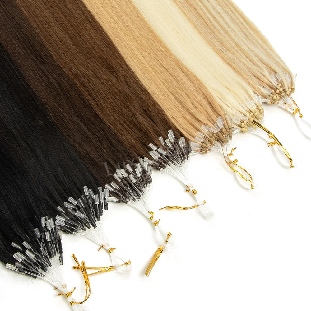 12-20 '' Balayge شقراء مايكرو حلقة وصلات شعر شعر الإنسان الطبيعي البني الأسود مايكرو الخرزة خيط صنارة الصيد هالة وصلات شعر #3