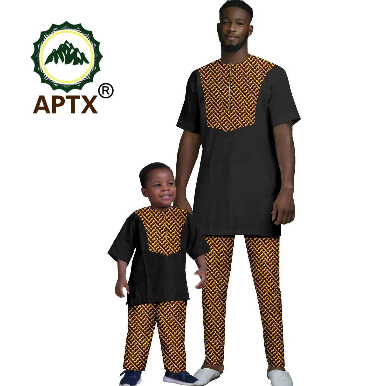 African Men's Outfit Matching Kids Ankara Print Patchwork Short Sleeve Shirt and Pants 2 Piece Set Dashiki Family Clothes Outfit