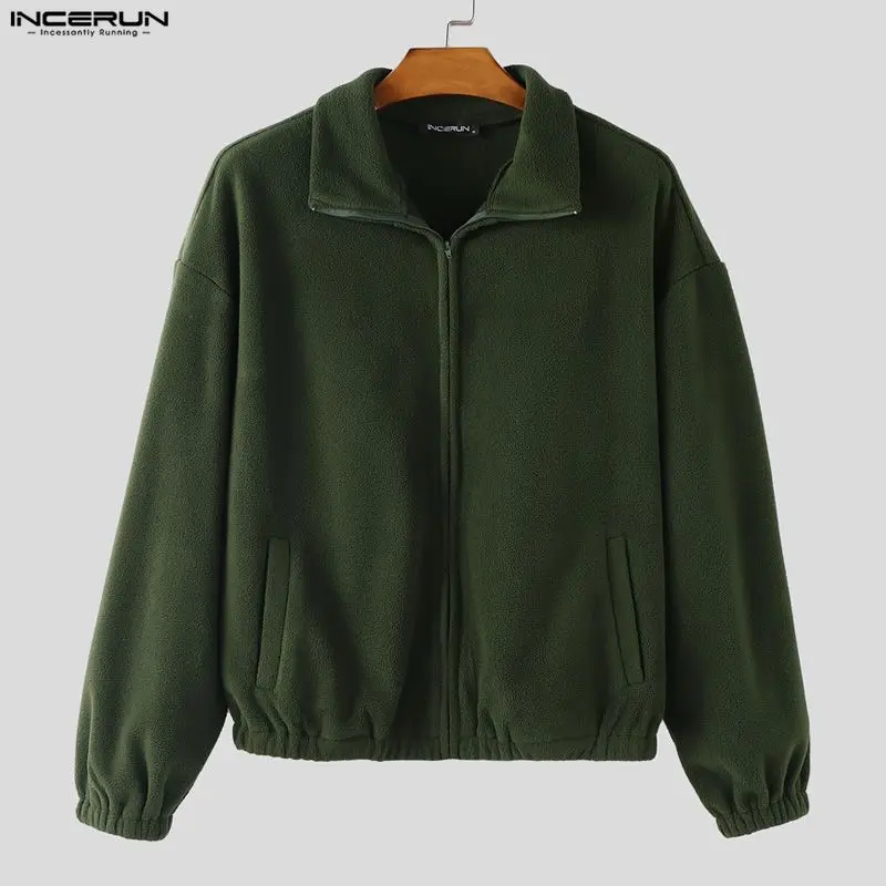 

INCERUN Men Jackets Solid Color Polar Fleece Lapel Long Sleeve Male Coats Streetwear Loose Fashion Casual Outerwear Men S-5XL