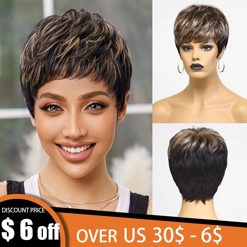 

100% Remy Human Hairs Black Mixde Blonde Short Pixie Cut Human Hair Wigs for Women Golden Dark Natural Straight Wig with Bangs