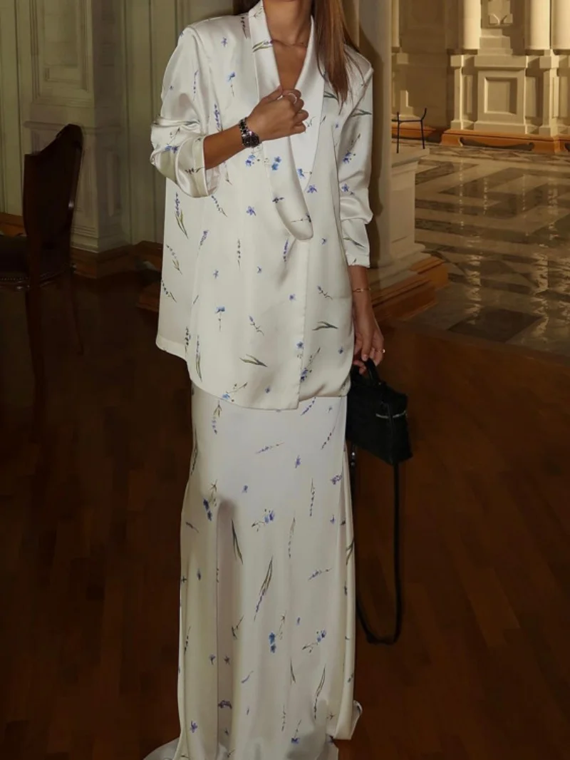 Elegantes Blumenmuster 2-Teiliges Set Damen-Outfit Frühjahrskleidung Damen Langarm-Hemd Top Lange Röcke Anzüge OL-Stil Kleidersets