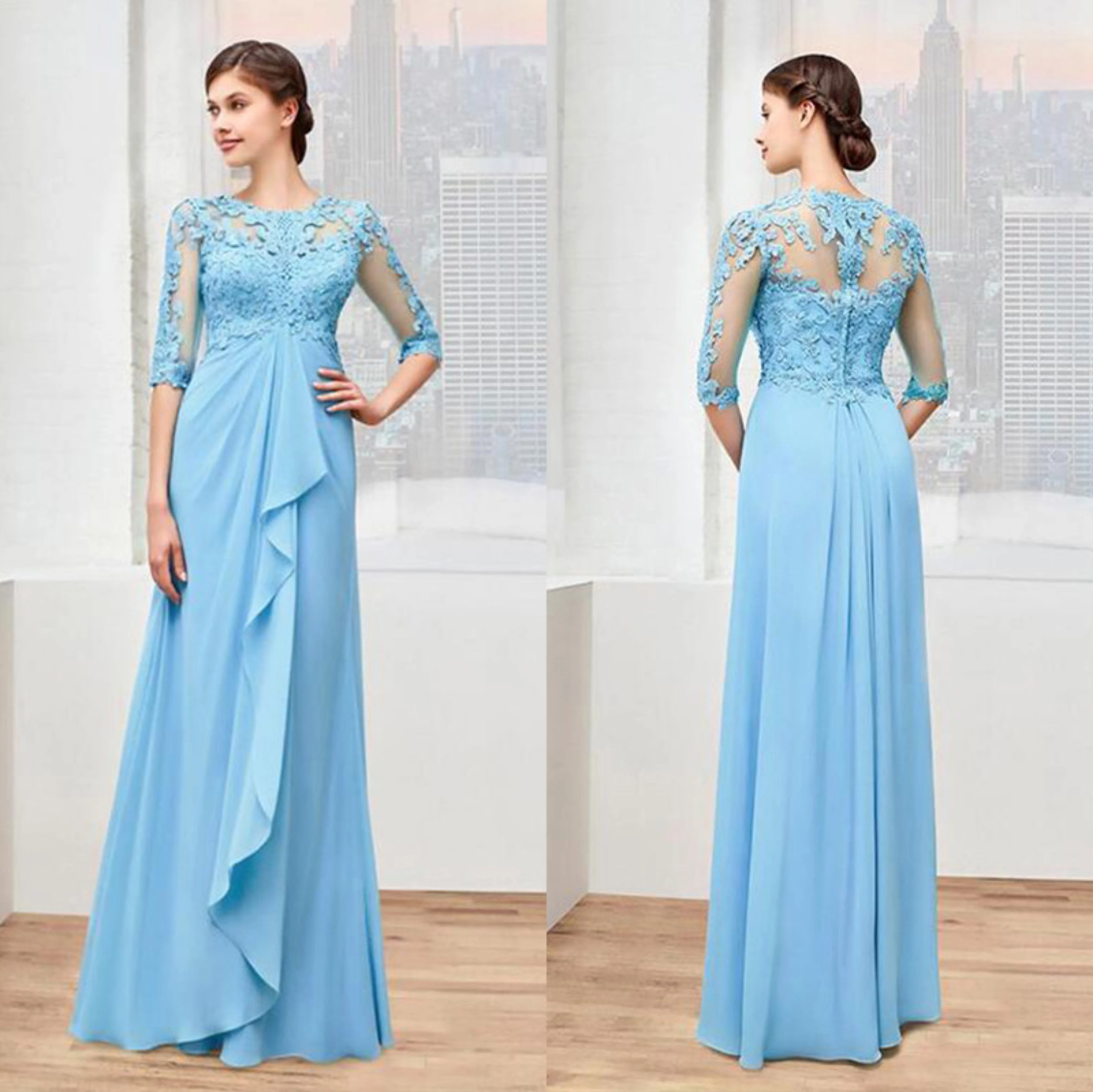 Charming Sky Blue Evening Dresses Half Sleeves O-Neck Chiffon Lace Appliques Wedding Guest Party Groom Mother Prom Gowns 2022