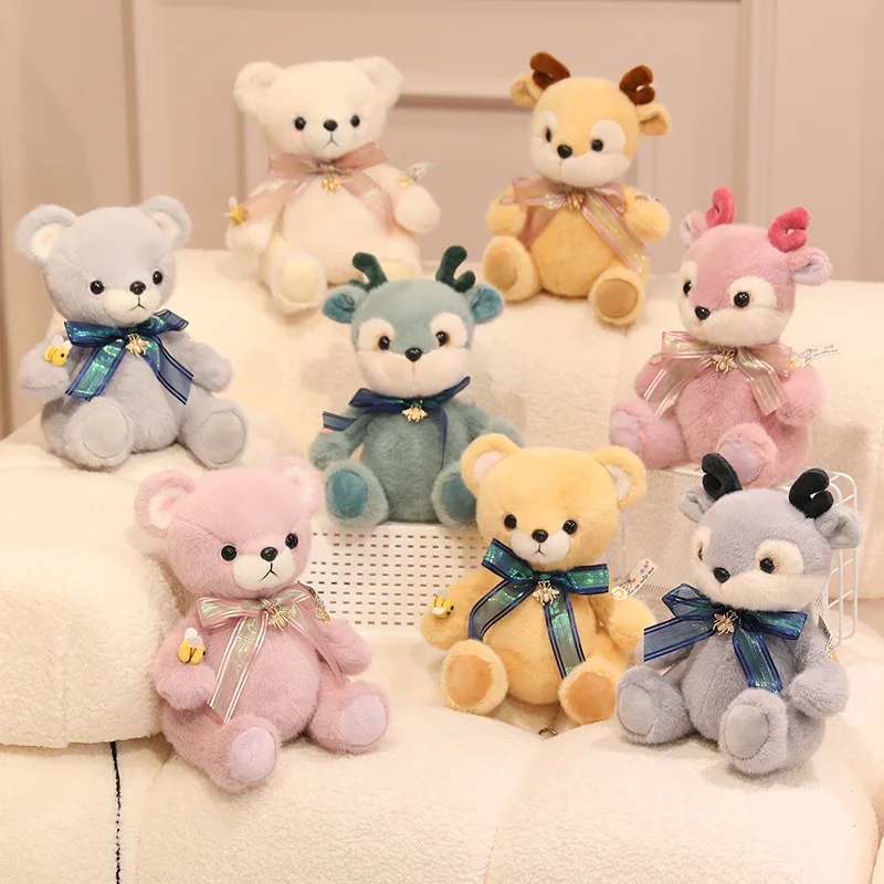 

25cm Cartoon Bear Deer Plush Toys Kawaii Animals Soft Stuffed Dolls With Ribbons Girls Boys Sleeping Companion Plushie Toys