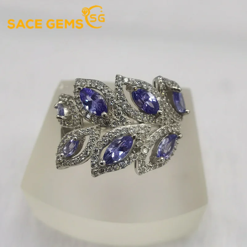 

SACE GEMS Women Jewelry Ring Resizable 925 Sterling Silver Tanzanite Luxury Women Created Engagement Band Fine Jewelry Gift