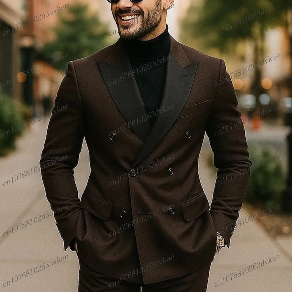 

New Black Collar Dark Brown Men Suit Wedding Party Formal Groom Groomsman Prom Business Male Tuxedos 2 Piece Set Jacket Pants