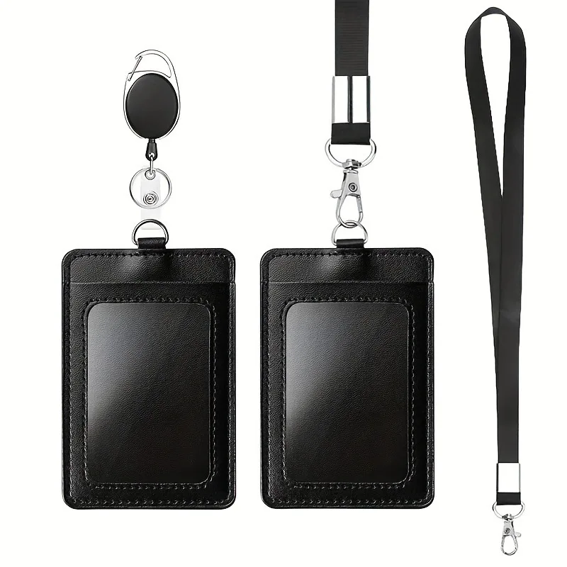 Simple Worker Card Holder Black Color Lanyards Id Badge Holder Solid Color Retractable ID Card Holder Office Supplies