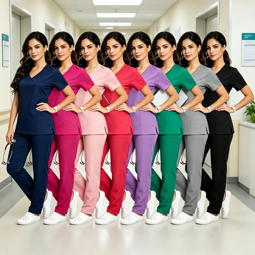 Women Stylish Short Sleeve Scrub Uniform Set Adjustable Lace Up Waist Design Comfort Breathable Work Garment For Beauty Salon
