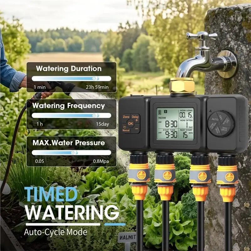 M11K-Automatic Water Timer 4 Outlets Irrigation Programmer Dip Faucet Sprinkler Controller For Garden Yard