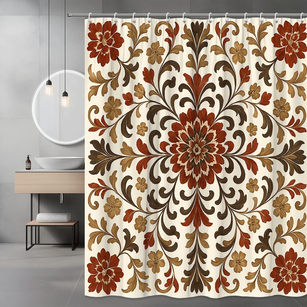 

Элегантная занавеска для душа с цветочным принтом, красный, коричневый узор, винтажный дамасский дизайн, классический декор для ванной комнаты, водонепроницаемые бесплатные крючки в комплекте