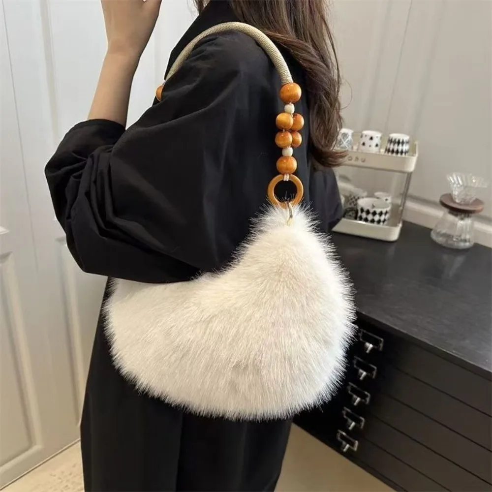 Minimalist Vintage Fluffy Shoulder Bag Zipper Closure Wooden Bead Handle Handbag Elegant Soft Underarm Bag Winter Autumn