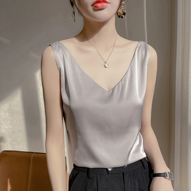 Women Tops Solid Spring Summer Casual Basic Tops Sexy V-neck Tank Tops Office Lady Black White Top 2026 Fashion Korean Tank Top