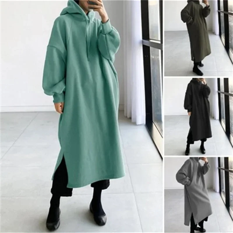 

Fleece Lined Long Hoodies Women Autumn Winter Fashion Casual Solid Loose Long Sleeve Hood Pullover Tops Y2K Female Sweatshirts