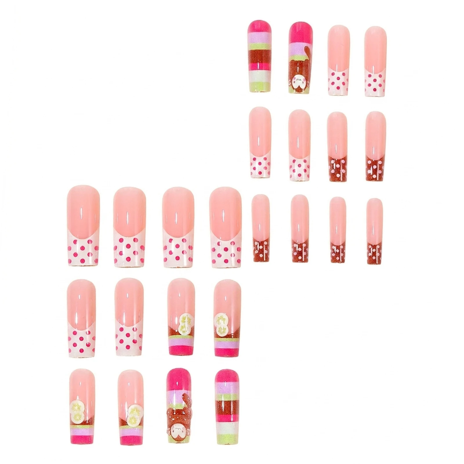 24 Stück Süße Mädchen-Kunstnägel, niedliche Cartoon-Braun-Affen-Bananenchips-Dekoration, Press-On-Nägel, Macaron-Streifen, französische Kunstnagelspitzen – Detail 3
