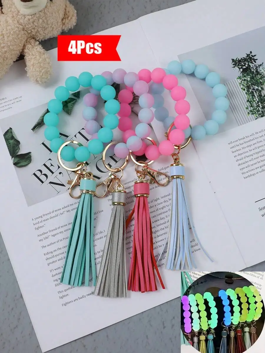 

4pcs Luminous Silicone Bead Keychain With PU Tassel Charm For Bag Phone Car Keys Women Fashion Accessory