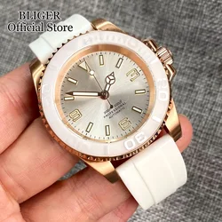 BLIGER Rose Gold NH35A PT5000 40mm Automatic Dive Watch Men Sapphire Glass Ceremic Insert White Rubber Strap Folding Buckle