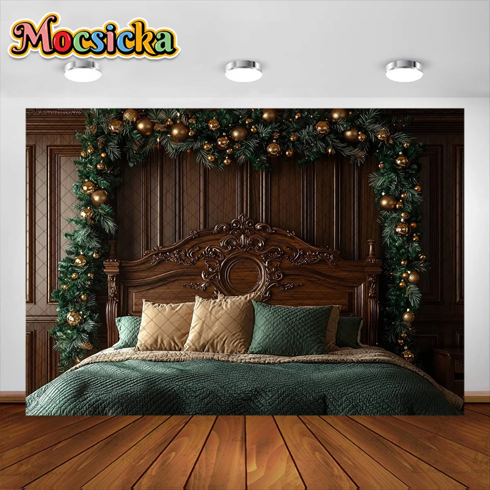 Christmas Room Photography Background Xmas Wreath Bed Decoration Family Portrait Photo Holiday Backdrops Studio Props Banner