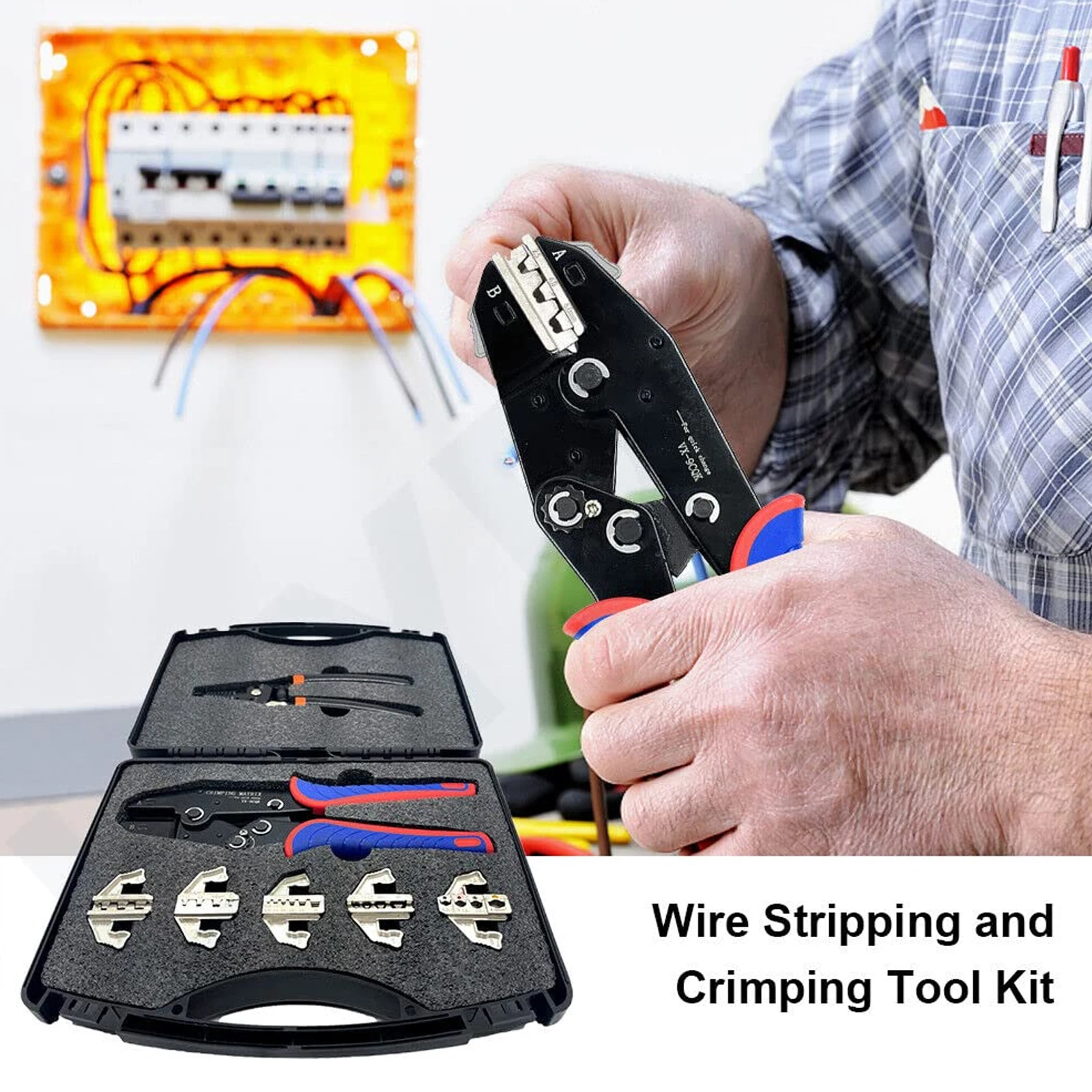 Quick Replacement Crimping Tool Kit with 5 Interchangeable Die, Multifunctional Ratcheting Wire Stripper Cable Terminal Crimping