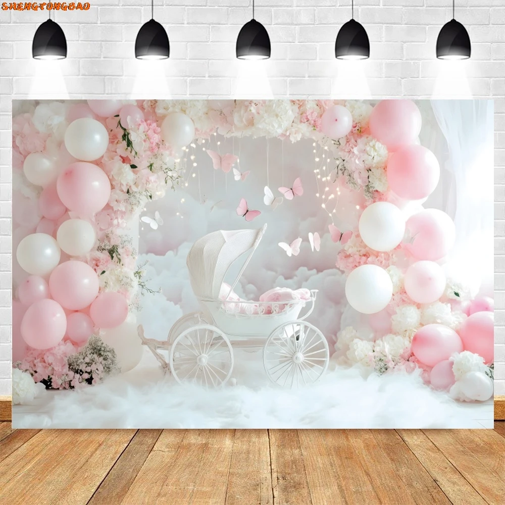 Arrière-Plan de Photographie pour ixPréChristophe, Ballon en Arc Rose, Poussette Papillon, Décorations de ixd'Anniversaire pour Nouveau-Né, Studio Photo